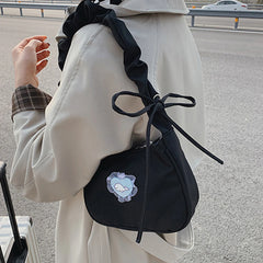 Women Canvas Pleated Armpit Handbags Mini Heart Pattern Shoulder Crossbody Bag