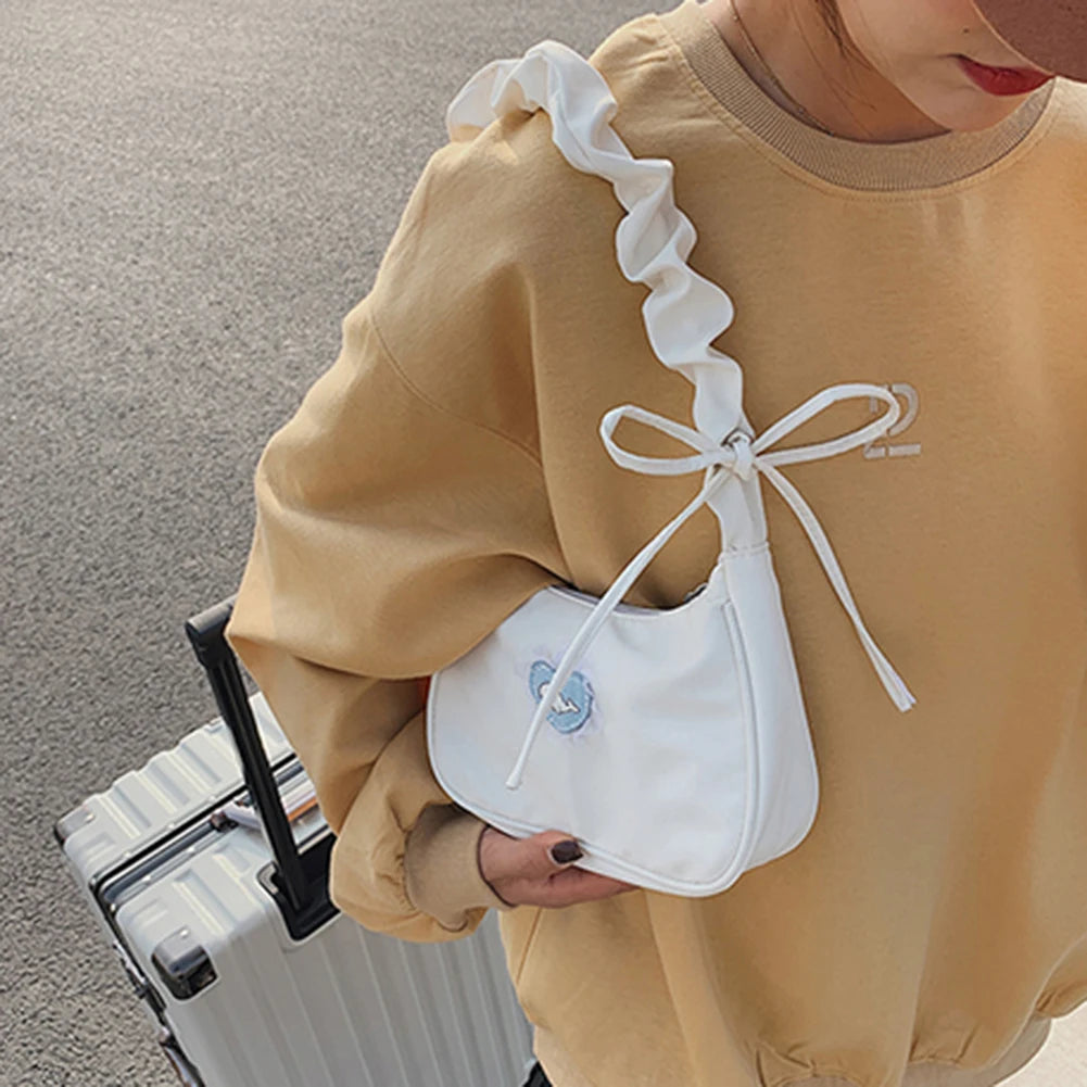 Women Canvas Pleated Armpit Handbags Mini Heart Pattern Shoulder Crossbody Bag
