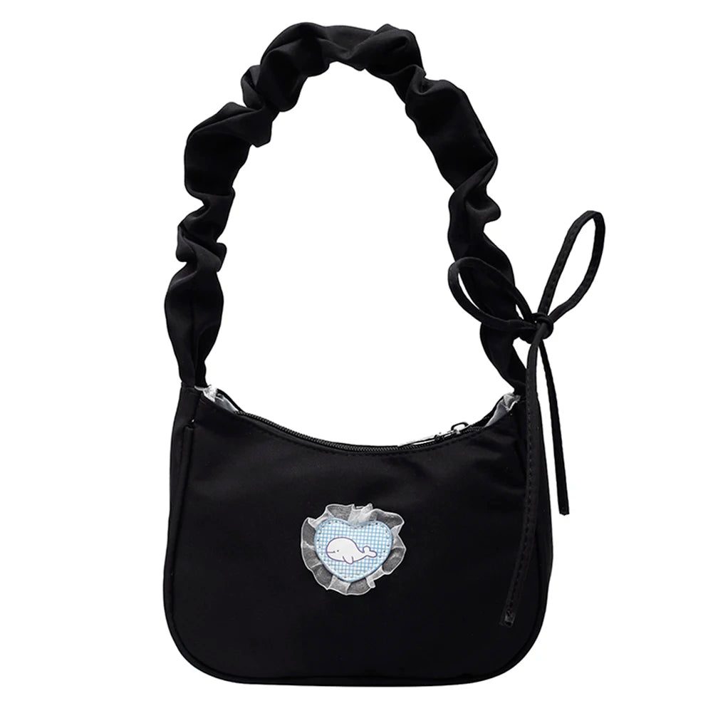 Women Canvas Pleated Armpit Handbags Mini Heart Pattern Shoulder Crossbody Bag