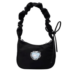 Women Canvas Pleated Armpit Handbags Mini Heart Pattern Shoulder Crossbody Bag