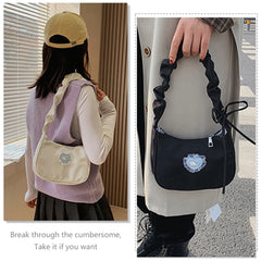 Women Canvas Pleated Armpit Handbags Mini Heart Pattern Shoulder Crossbody Bag