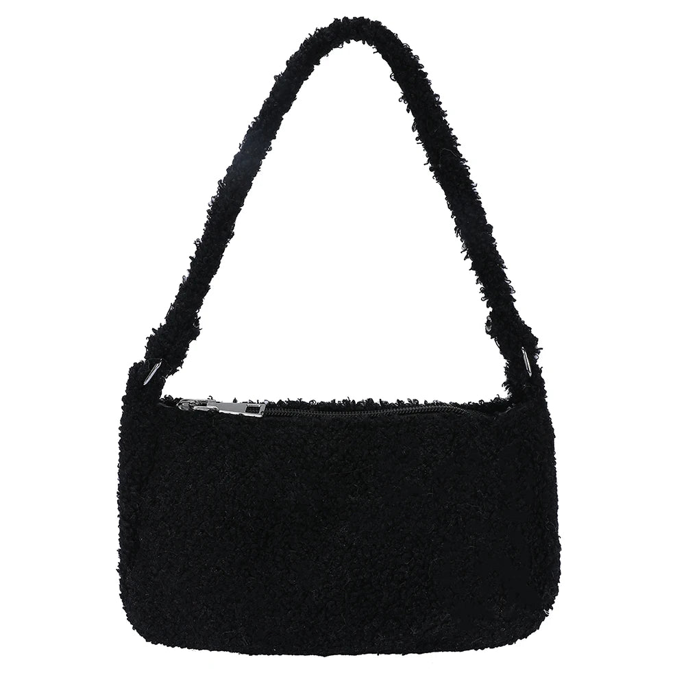Fluffy Solid Women Shoulder Bag Warm Large Tote Plush Underarm Bag
