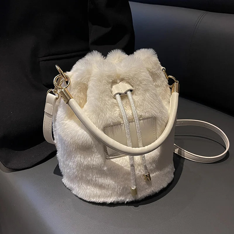 Furry Fluffy Drawstring Bucket Bag Soft Plush Handbag Tote