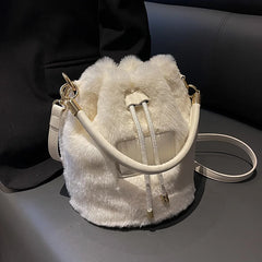Furry Fluffy Drawstring Bucket Bag Soft Plush Handbag Tote
