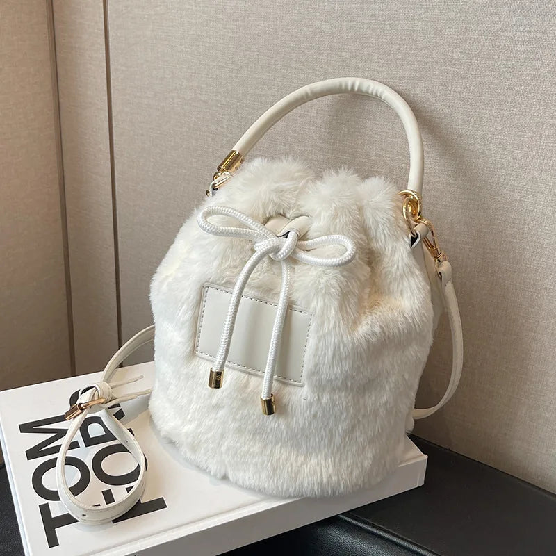 Furry Fluffy Drawstring Bucket Bag Soft Plush Handbag Tote