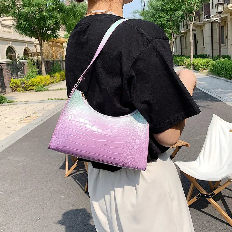 Gradient Zipper Women Shoulder Bag Crocodile Pattern Handbag
