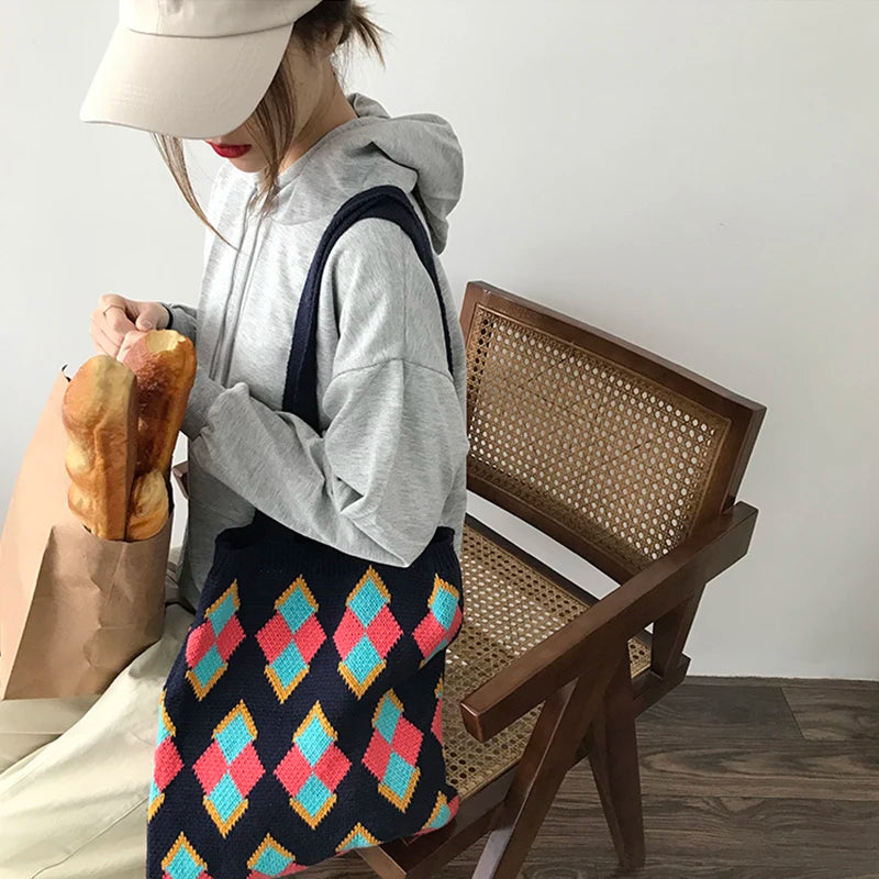 Vintage Plaid Panelled Shoulder Bags Big Capacity Handbags