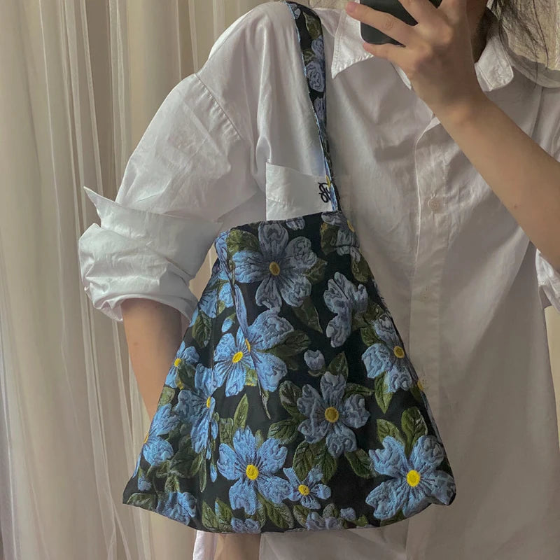 Floral Jacquard Shoulder Bag Vintage Handbag