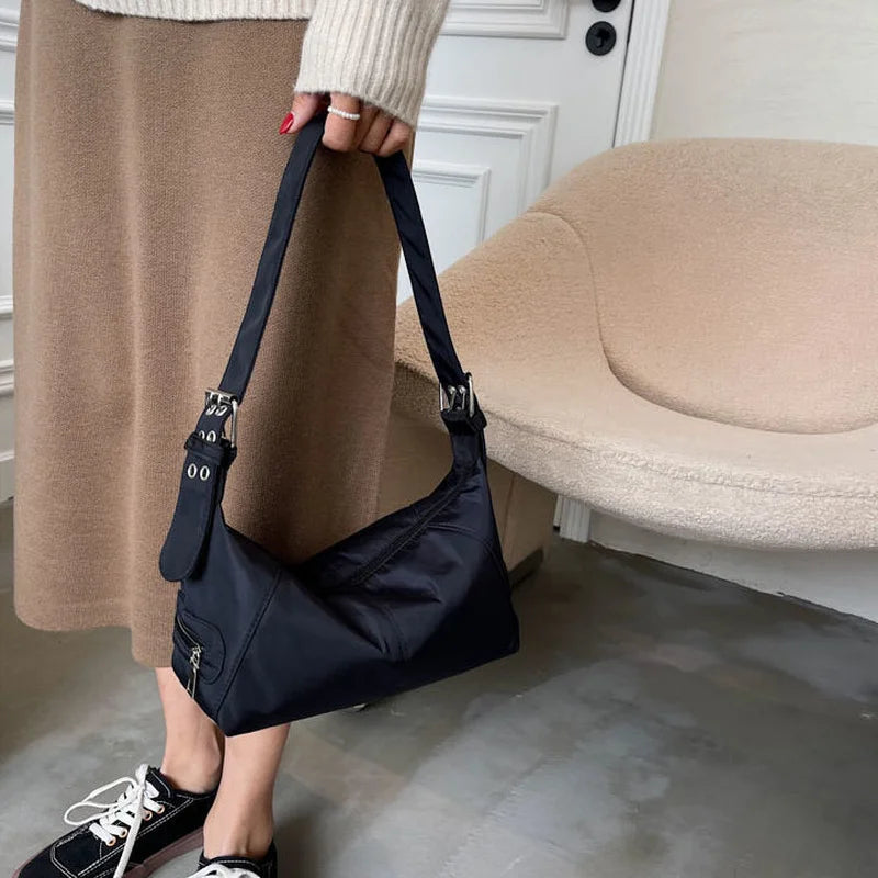 Nylon Shoulder Bag Vintage Style Large Zipper Handbag