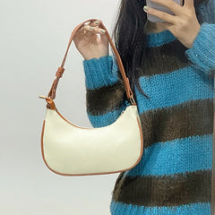 Women Shoulder Bags PU Leather Panelled Zipper Half Moon Underarm Bag