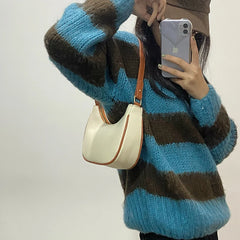 Women Shoulder Bags PU Leather Panelled Zipper Half Moon Underarm Bag