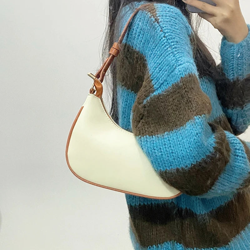 Women Shoulder Bags Panelled PU Leather Zipper Half Moon Underarm Bag