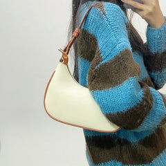 Women Shoulder Bags Panelled PU Leather Zipper Half Moon Underarm Bag