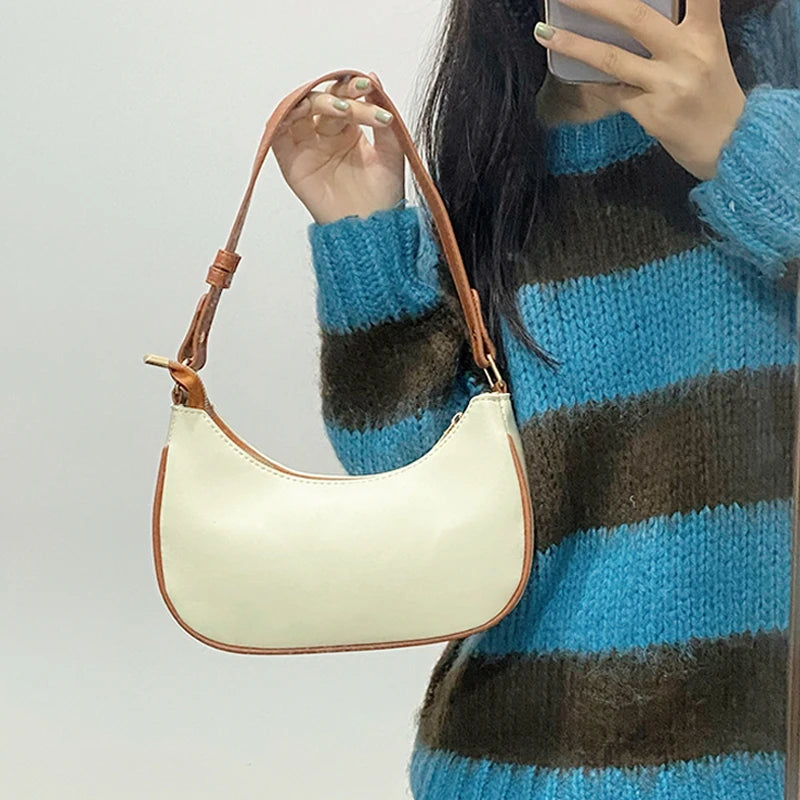 Women Shoulder Bags Panelled PU Leather Zipper Half Moon Underarm Bag