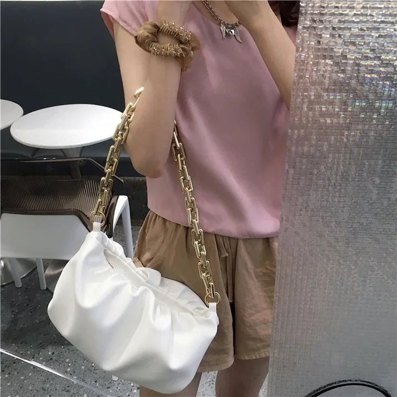Women Shoulder Bags Pleated Cloud Chains Stylish Cross-body Handbags
