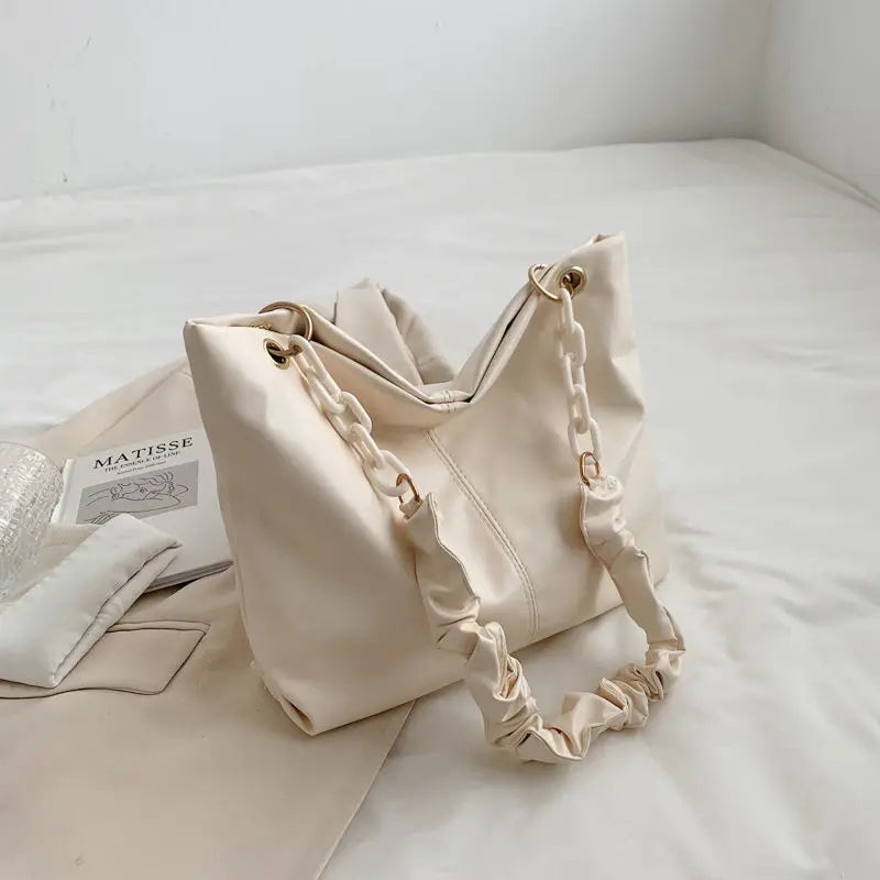 Pleated PU Leather Large Capacity Tote Handbag