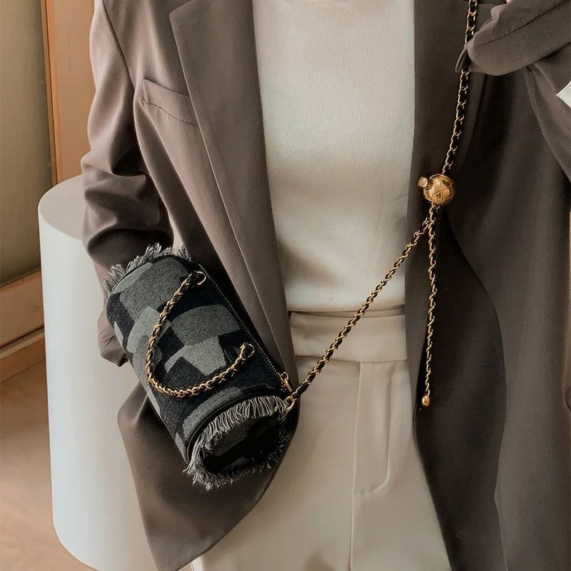 Denim Shoulder Bag Vintage Chain Patchwork Tassel Style
