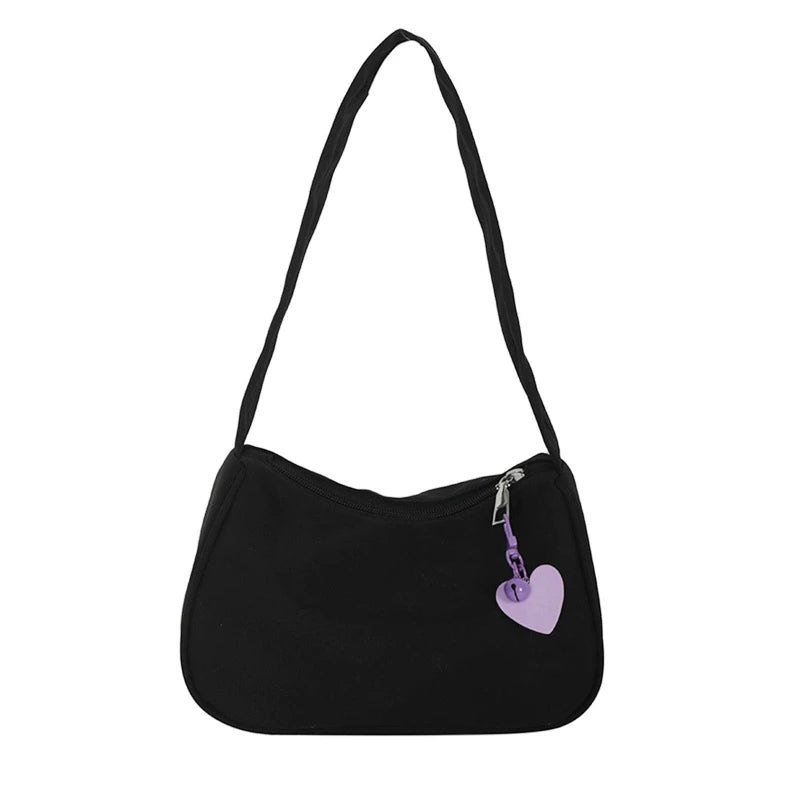 Vintage Heart Pattern Pendant Shoulder Bag for Ladies Zipper Casual Handbag