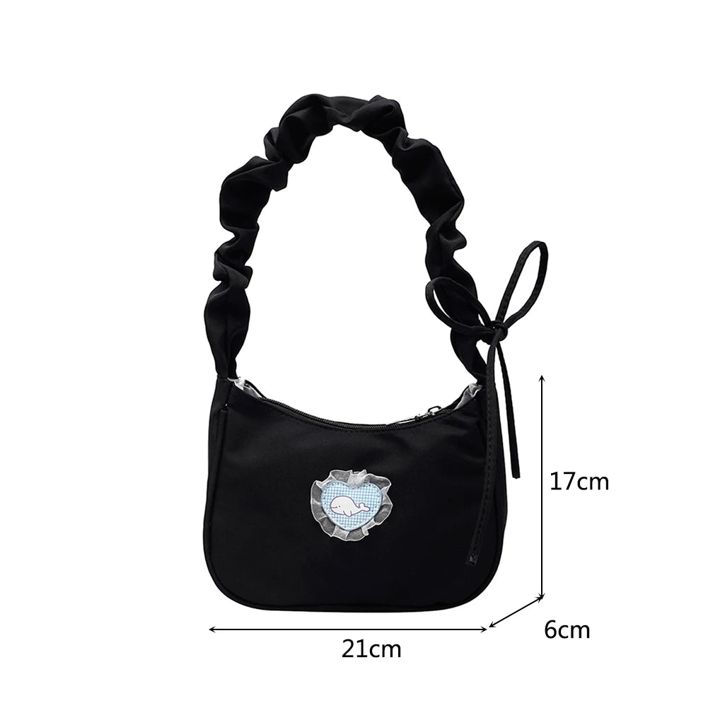 Vintage Pleated Underarm Bag Canvas Heart Pattern Handbag