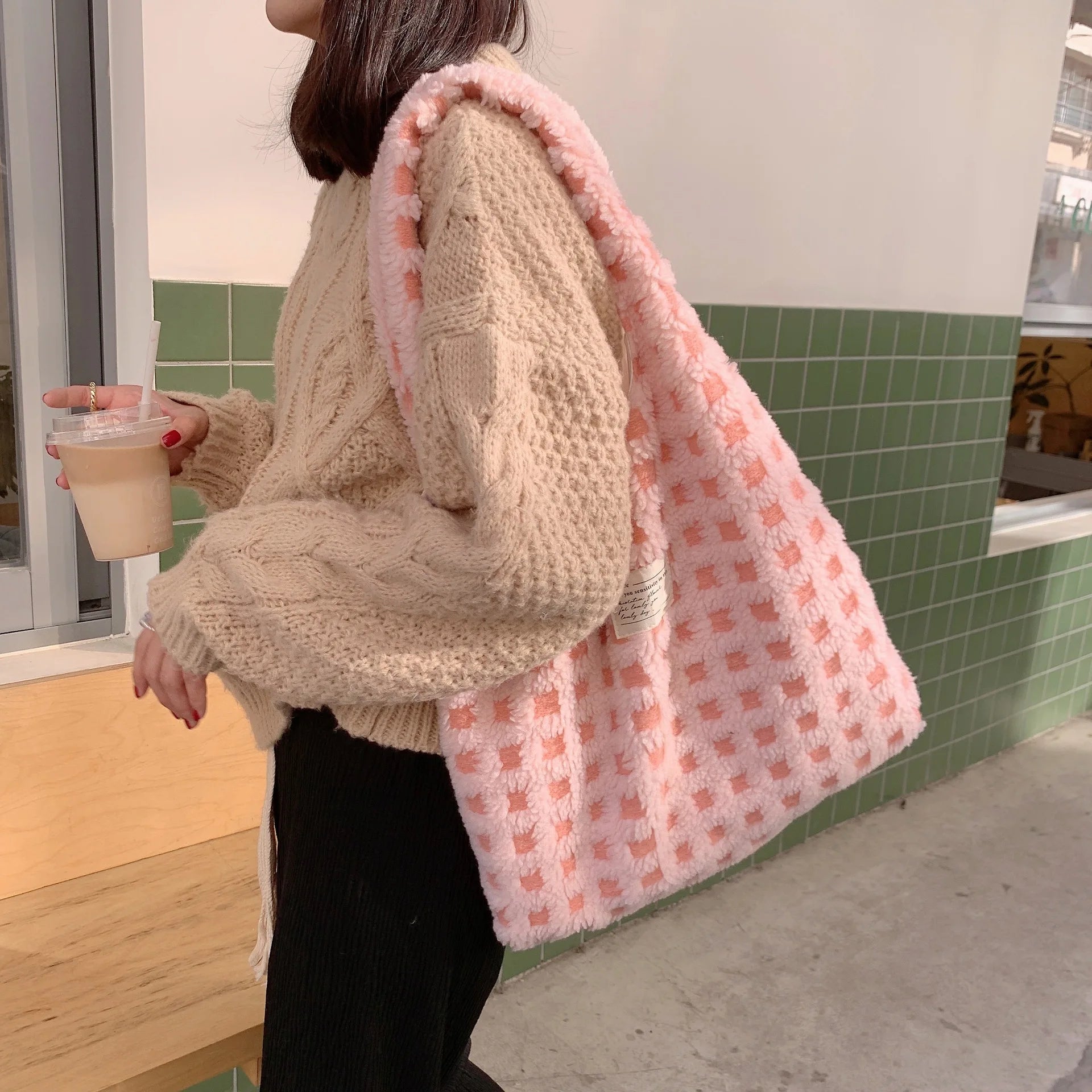Fluffy Waffle Fleece Shoulder Bag Large Capacity Tote