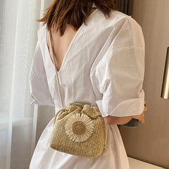 Women Beach Straw Bags Classic Texture Sunflower Drawstring Woven Bucket