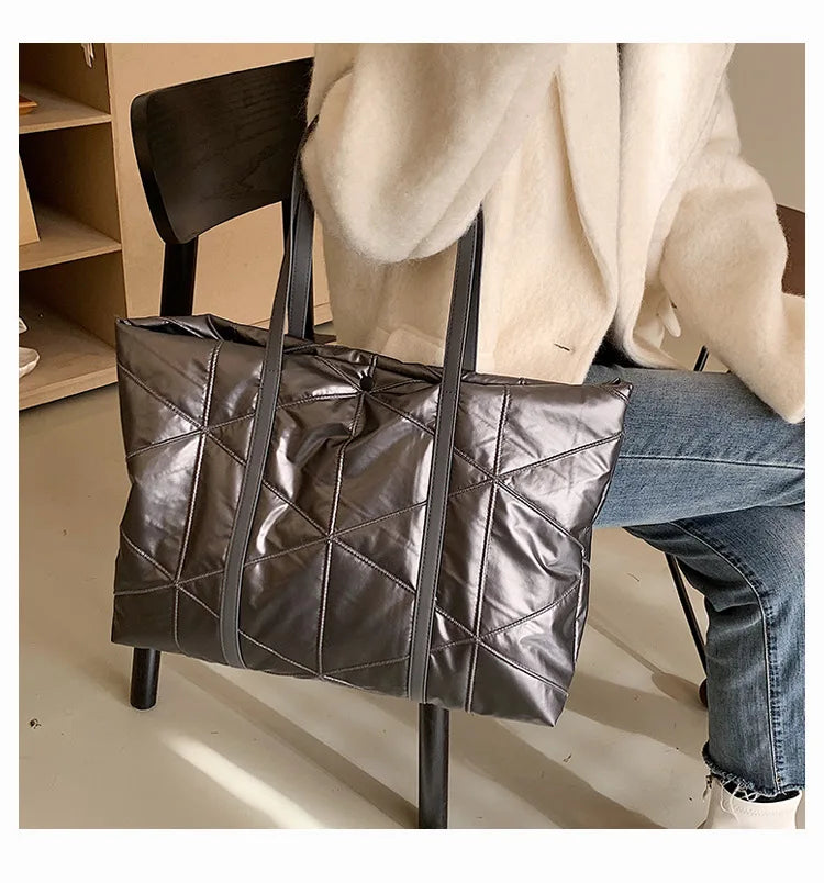 Women Winter Shoulder Bag Handbag Check Pattern Messenger Bag Large Capacity Tot