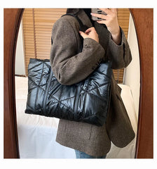 Women Winter Shoulder Bag Handbag Check Pattern Messenger Bag Large Capacity Tot