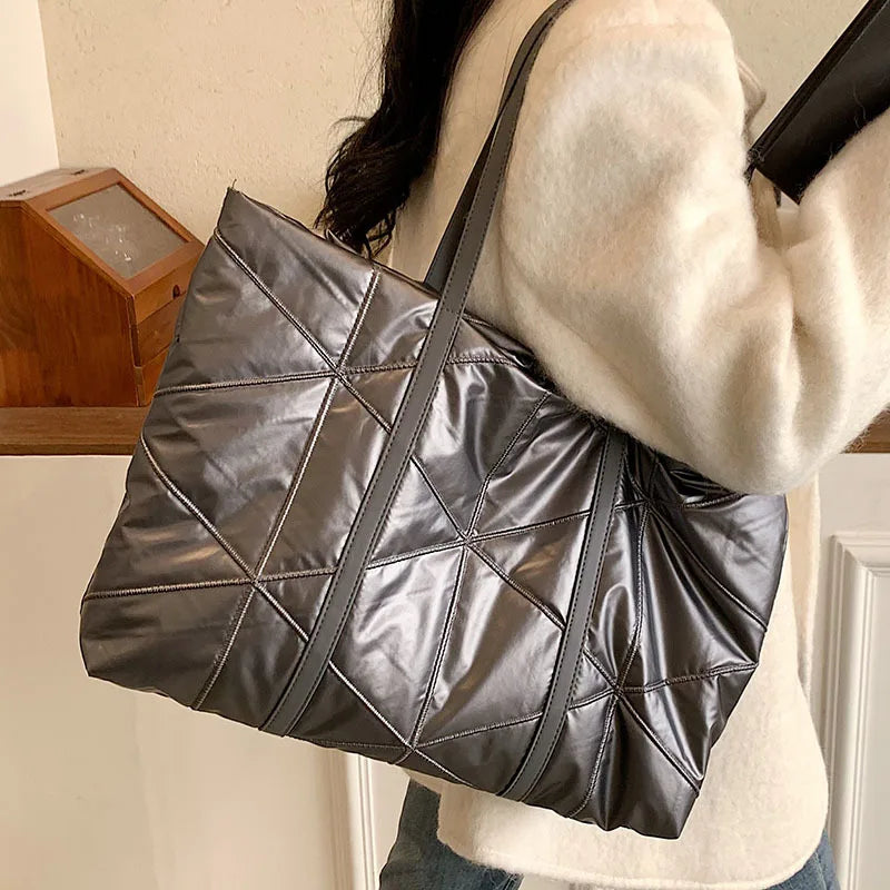 Women Winter Shoulder Bag Handbag Check Pattern Messenger Bag Large Capacity Tot