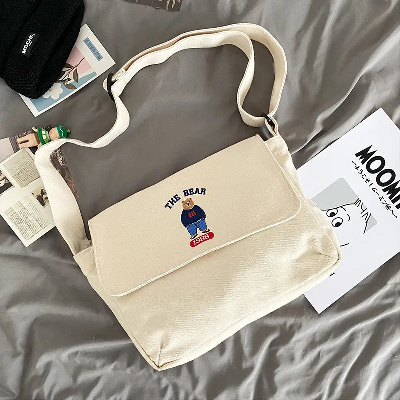Women Crossbody Bag Sweet Embroidery Canvas School Bag