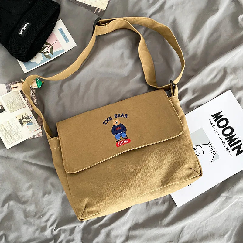 Women Crossbody Bag Sweet Embroidery Canvas School Bag