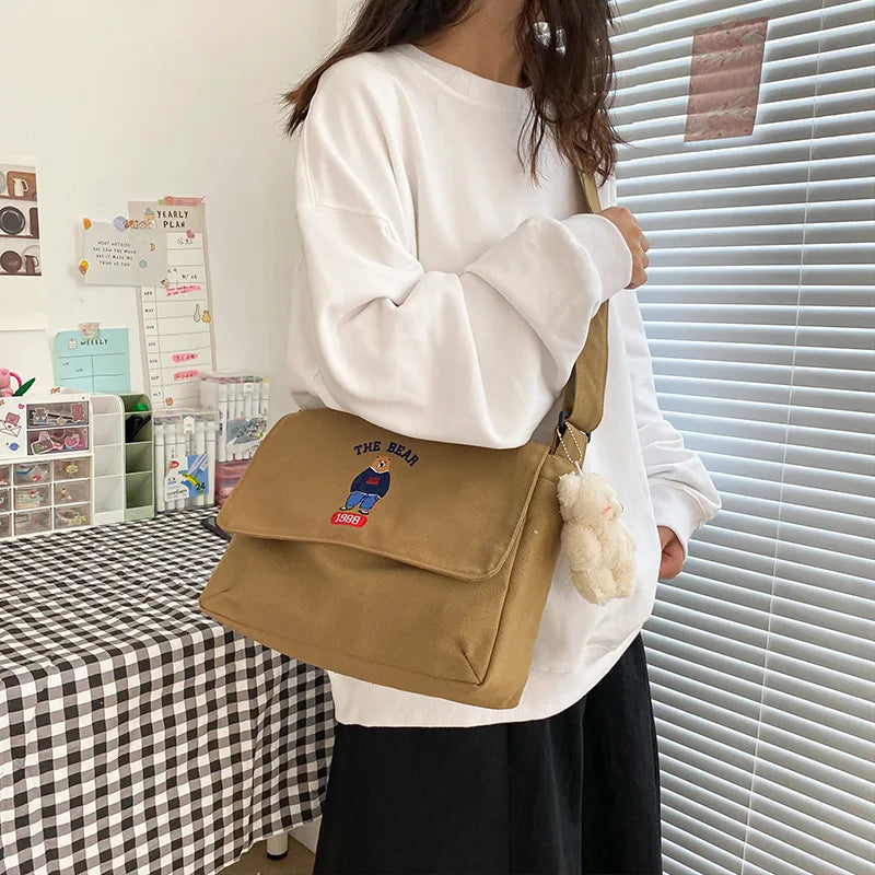 Women Crossbody Bag Sweet Embroidery Canvas School Bag