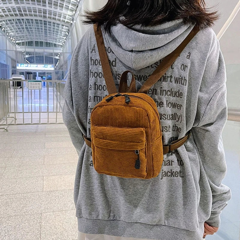 Corduroy Small Backpack for Women Girls Ladies