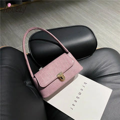 Small Brown Retro Underarm Bag Stone Pattern Shoulder Pink Leather Bag