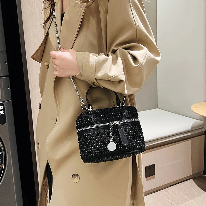 Women Small Shoulder Bag Zipper Crossbody Handbag Diamond Studded Mini Bag