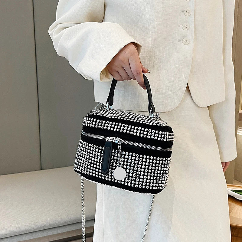 Women Small Shoulder Bag Zipper Crossbody Handbag Diamond Studded Mini Bag
