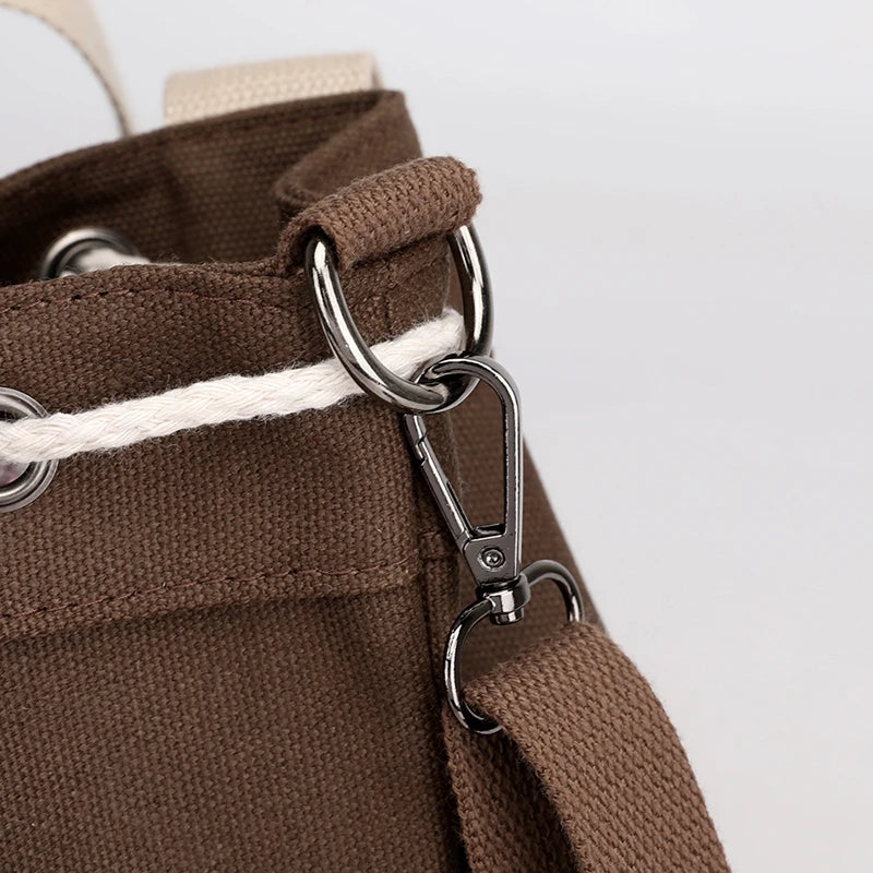 Women Canvas Drawstring Bucket Bag Japanese Ladies Crossbody Shoulder Bag