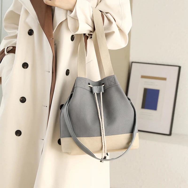 Women Canvas Drawstring Bucket Bag Japanese Ladies Crossbody Shoulder Bag