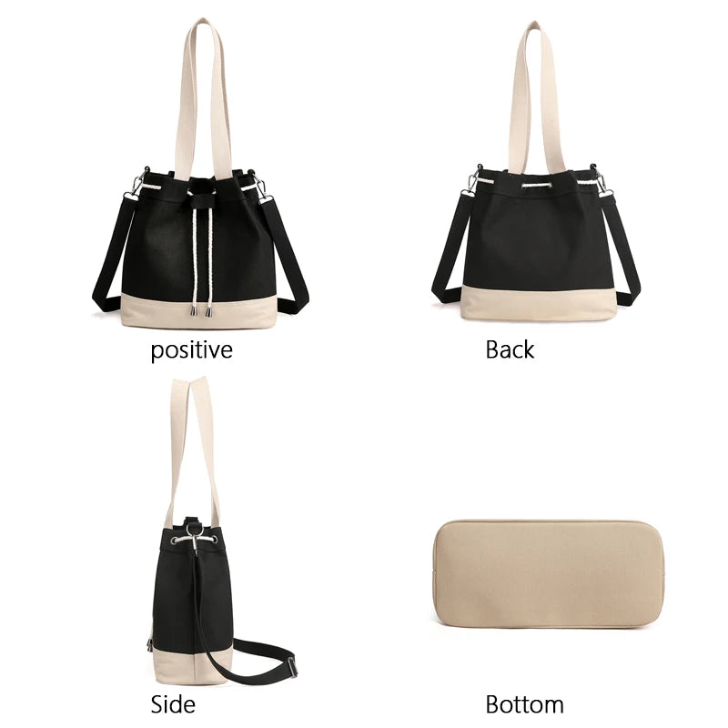 Women Canvas Drawstring Bucket Bag Japanese Ladies Crossbody Shoulder Bag