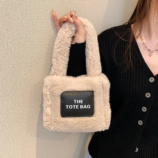 Women Small Plush Tote Bag Soft Lamb Wool Handbag Faux Fur Shoulder