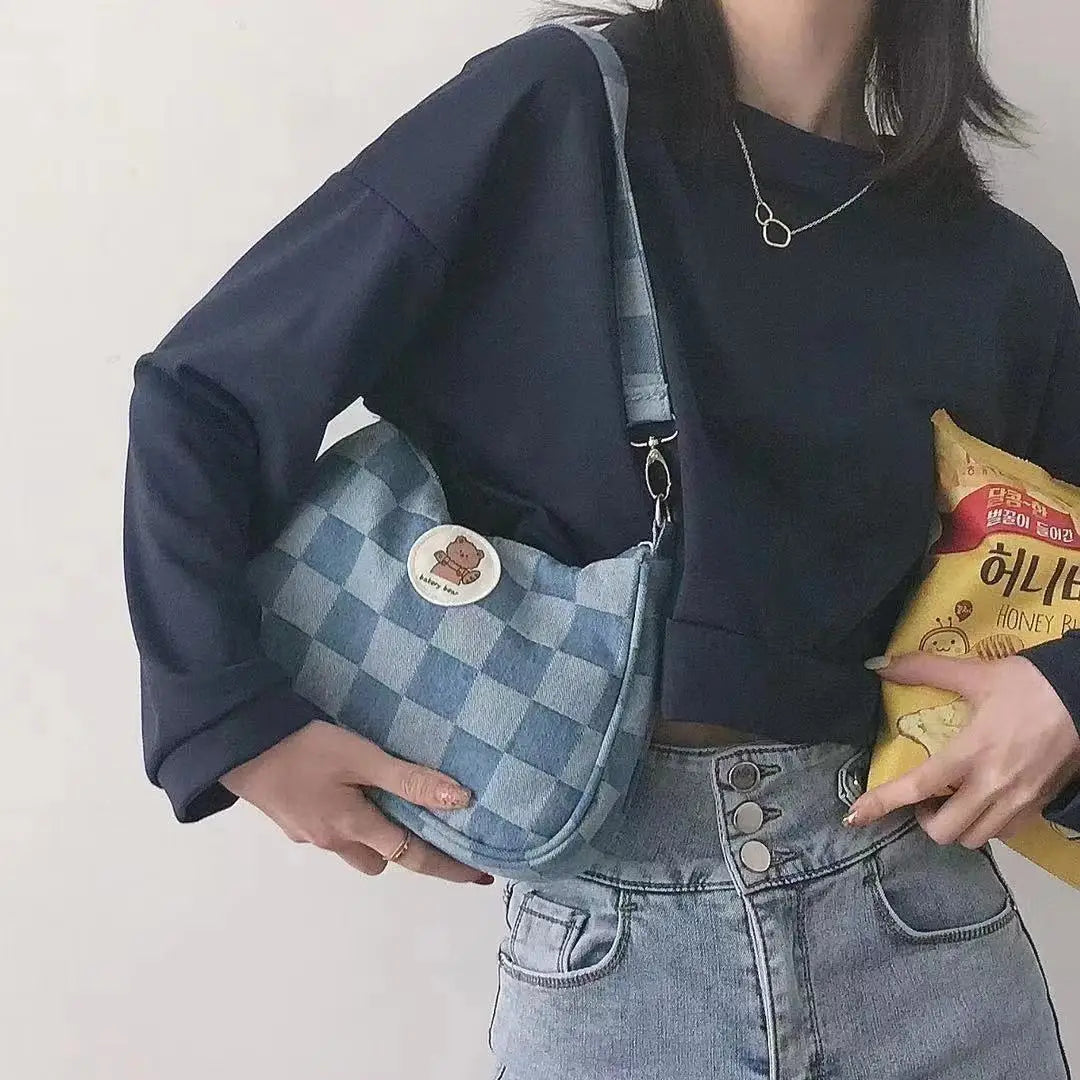 Women Small Shoulder Bags Checked Handbag Canvas Tote Chain Underarm Bag