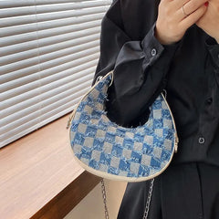 Plaid Canvas Shoulder Handbag Underarm Chain Tote Half Moon Purse Bags