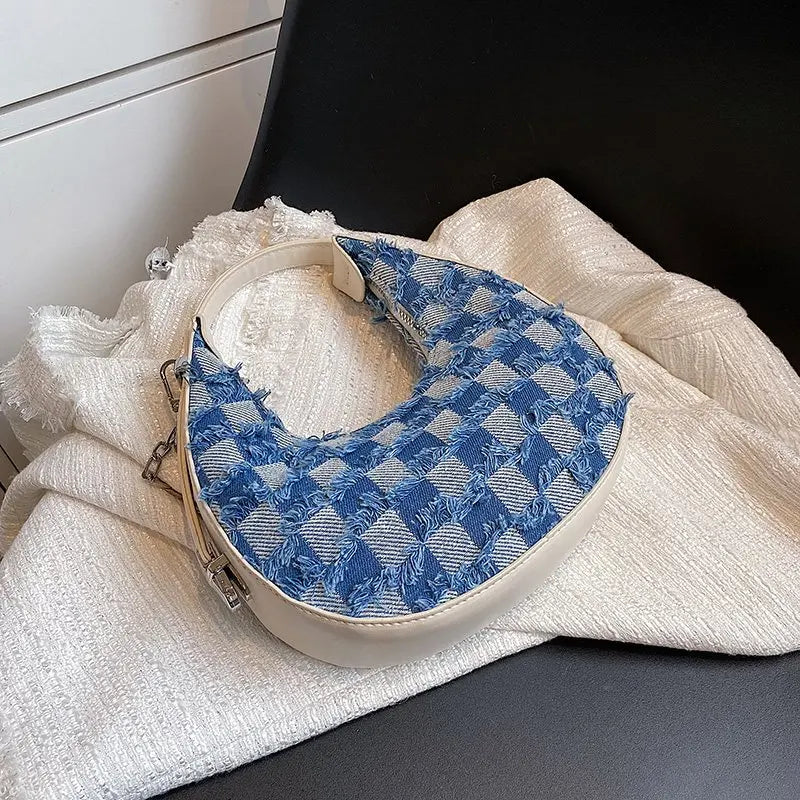 Plaid Canvas Shoulder Handbag Underarm Chain Tote Half Moon Purse Bags