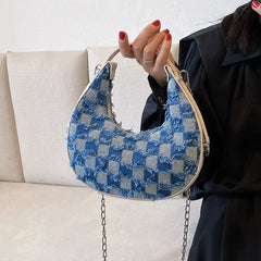 Plaid Canvas Shoulder Handbag Underarm Chain Tote Half Moon Purse Bags