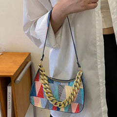 Women Small Tote Bag with Thick Chain Top-handle PU Leather Hobos