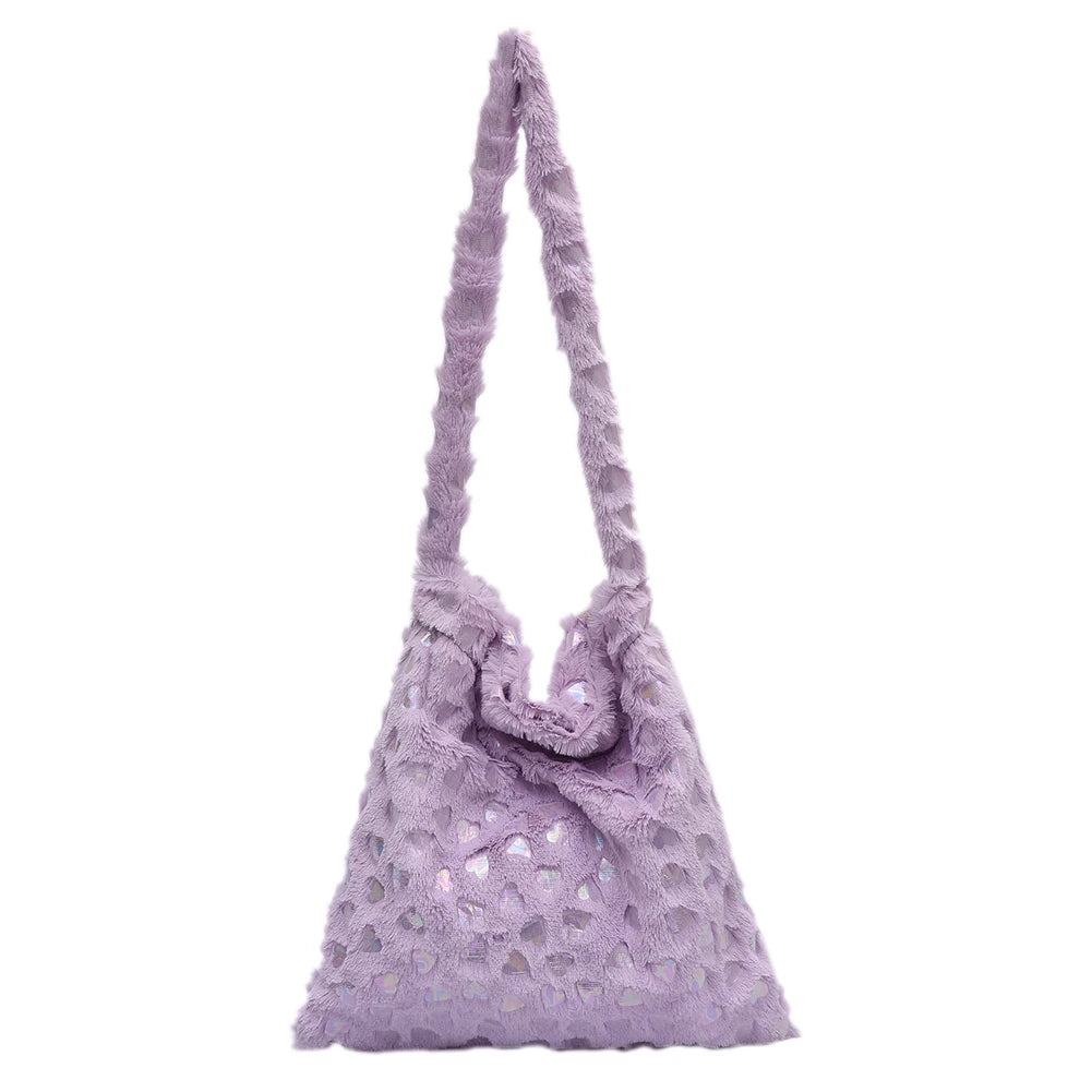 Women Plush Shoulder Bag Large Capacity Heart Pattern Handbag