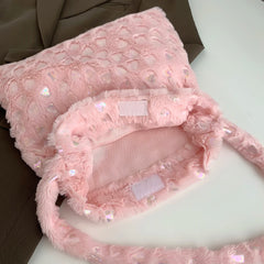 Women Plush Shoulder Bag Large Capacity Heart Pattern Handbag