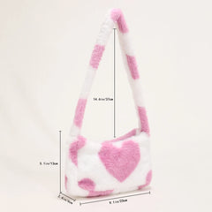 Women Soft Warm Plush Shoulder Bag Heart Print Handbags