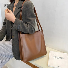 Solid Leather Shoulder Handbags Large Capacity Ladies Shopper Bags