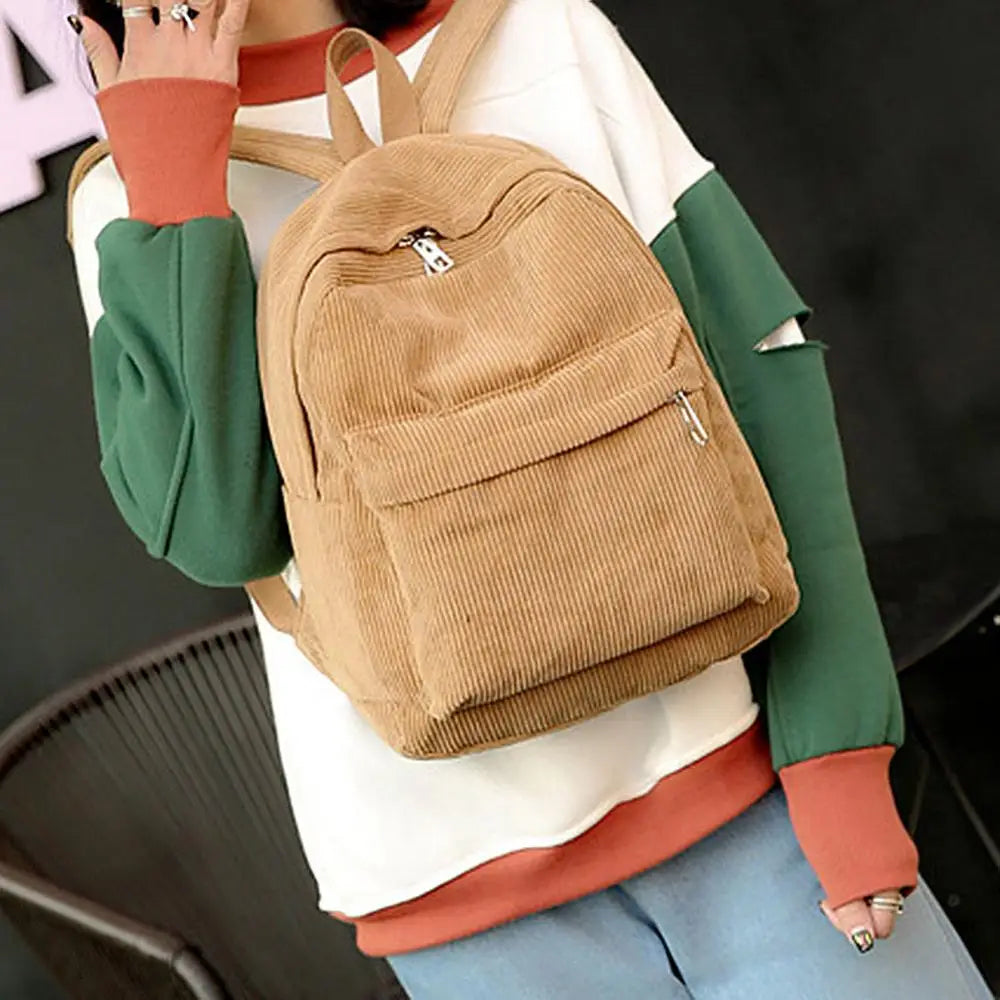 Women Corduroy Student Backpack Schoolbag
