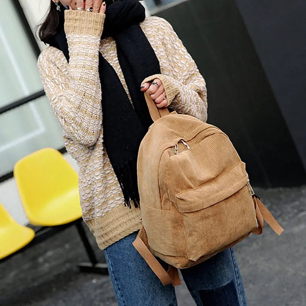 Women Solid Corduroy Large Capacity Student Backpack